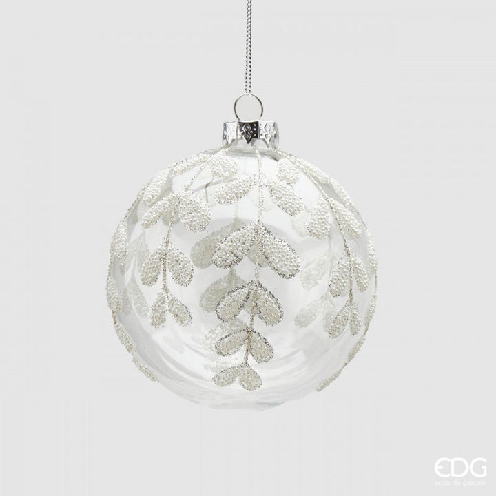 Palla in Vetro con Foglie Diametro 10 cm Bianco|EDG