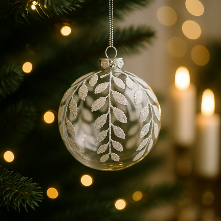 Palla in Vetro con Foglie Diametro 10 cm Bianco|EDG