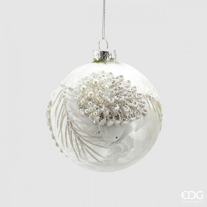 Palla in Vetro con Pigne Diametro 10 cm Bianco|EDG