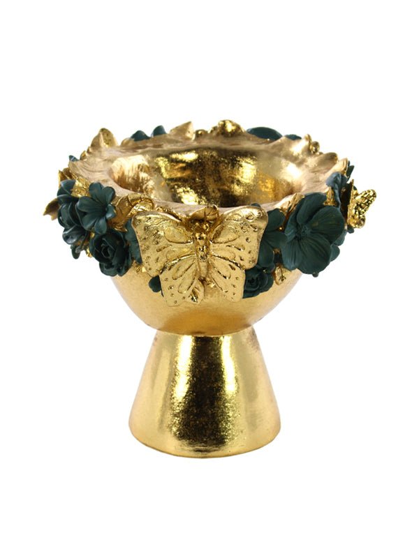 Vaso Decorativo Oro con Fiori Verdi e Farfalla - Perrone Shop