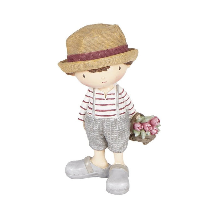 Statua Decorativa Bambino con Fiori in Resina