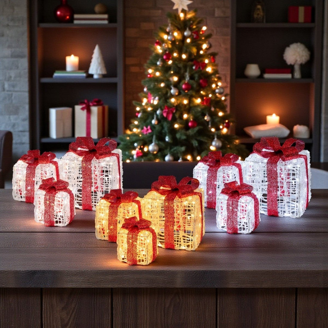 Set 3 Pacchi Regalo Luminosi LED – Fiocco Rosso, 120 LED, Interno ed Esterno - Perrone Shop