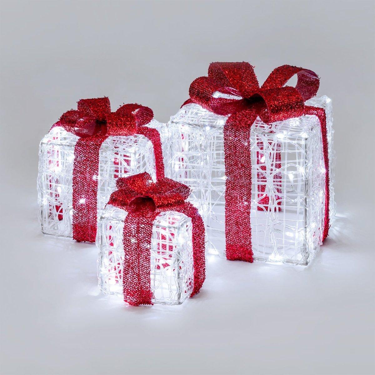 Set 3 Pacchi Regalo Luminosi LED – Fiocco Rosso, 120 LED, Interno ed Esterno - Perrone Shop