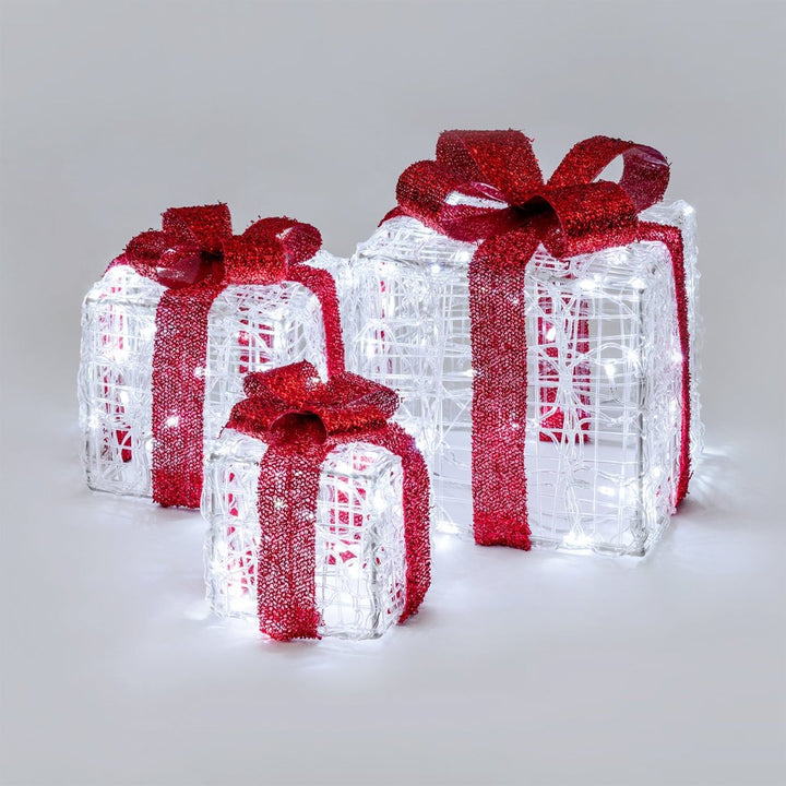 Set 3 Pacchi Regalo Luminosi LED – Fiocco Rosso, 120 LED, Interno ed Esterno - Perrone Shop