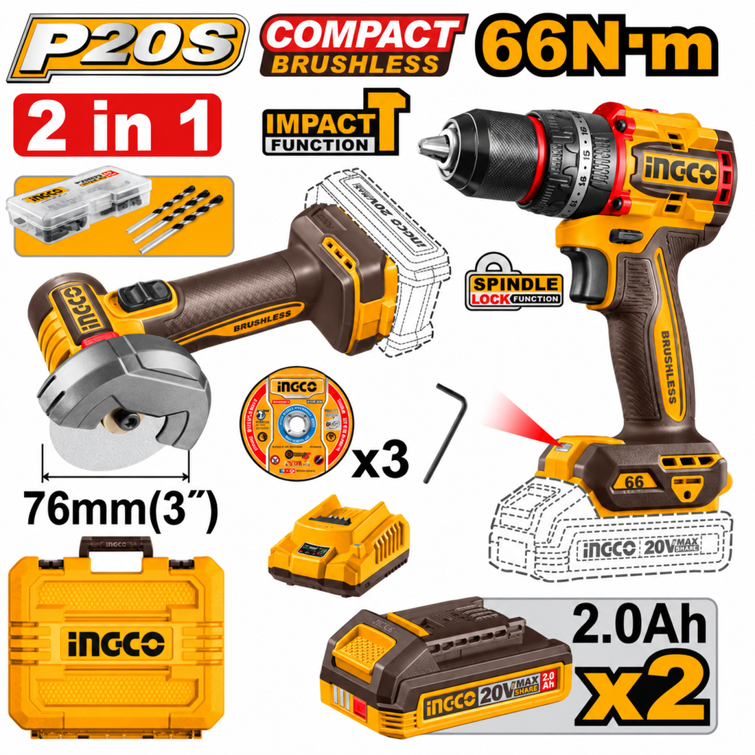 Kit Mini smerigliatrice a batteria (CAGLI20762E) e Trapano avvitatore a percussione brushless compatto a batteria (CIDLI206681)