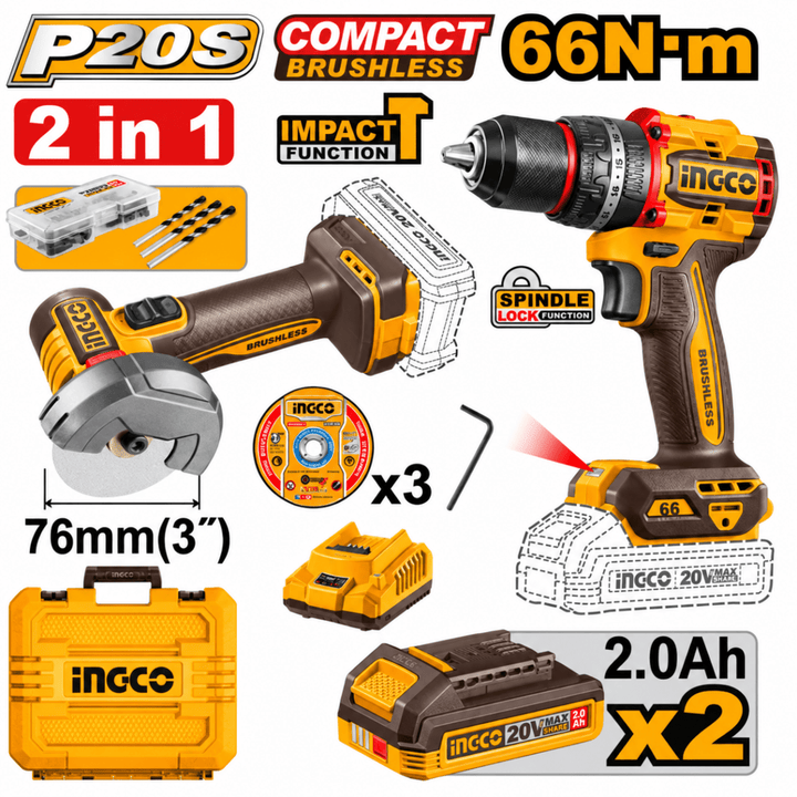 Kit Mini smerigliatrice a batteria (CAGLI20762E) e Trapano avvitatore a percussione brushless compatto a batteria (CIDLI206681) - Perrone Shop