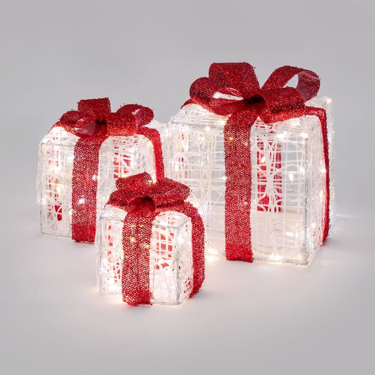 Set 3 Pacchi Regalo Luminosi LED – Fiocco Rosso, 120 LED, Interno ed Esterno - Perrone Shop