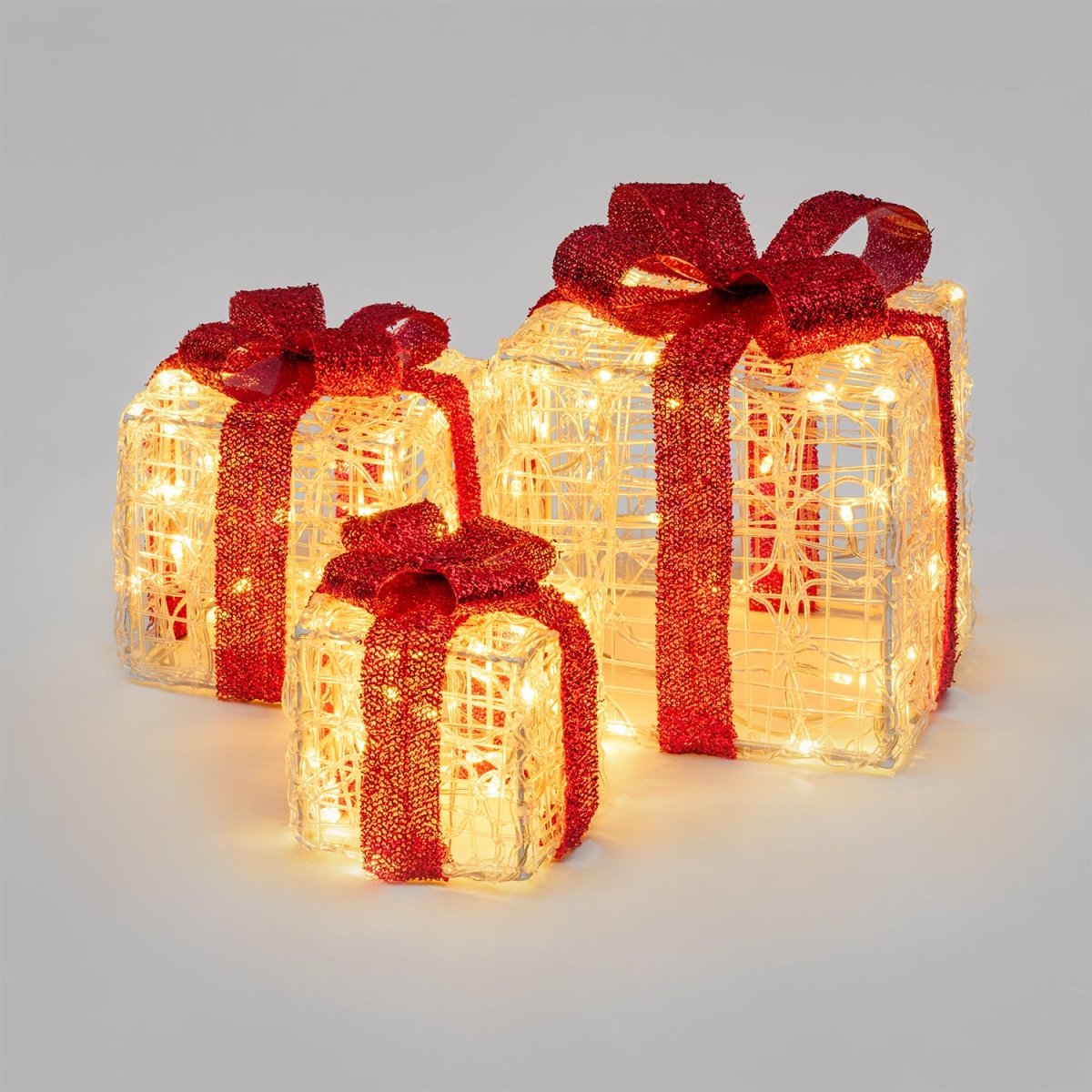 Set 3 Pacchi Regalo Luminosi LED – Fiocco Rosso, 120 LED, Interno ed Esterno - Perrone Shop