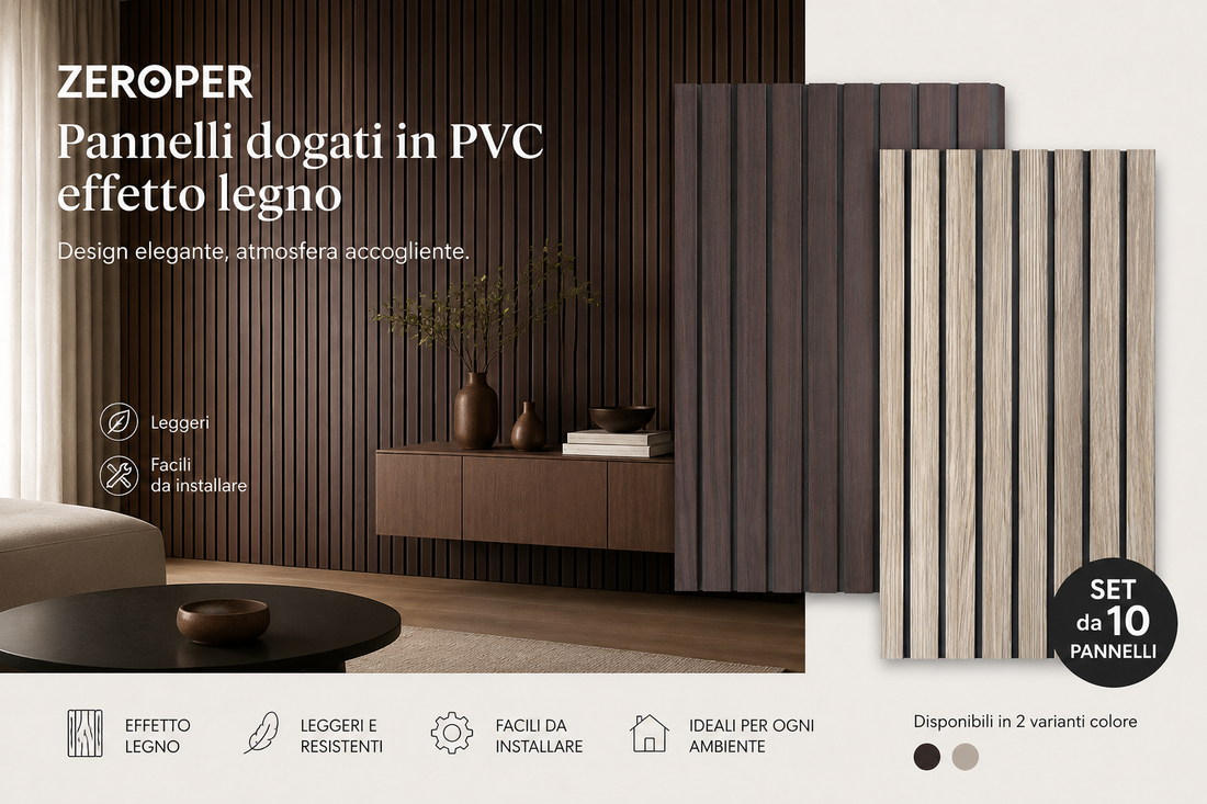 Set 10 Pannelli Decorativi effetto legno dogato in PVC H280x30x1cm | OX Zeroper