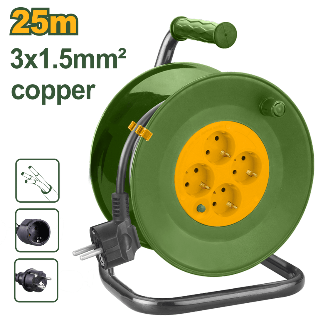 Avvolgicavo elettrico 25 m 3x1,5 mm² con 4 prese e protezione sovraccarico - Perrone Shop