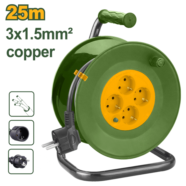 Avvolgicavo elettrico 25 m 3x1,5 mm² con 4 prese e protezione sovraccarico - Perrone Shop