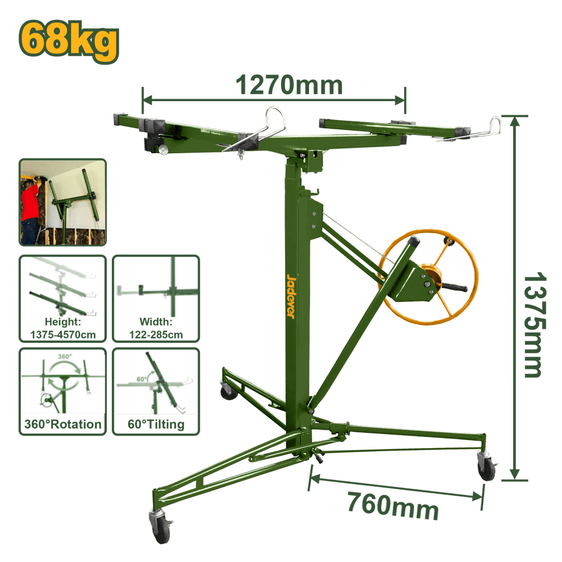 Sollevatore per Cartongesso Jadever 68 kg con Rotazione 360° - Perrone Shop