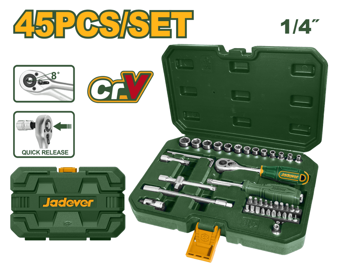 Set Bussole Jadever 45 Pezzi 1/4” in Acciaio Cr - V con Cricchetto e Valigetta - Perrone Shop