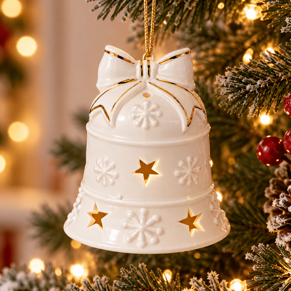 Appendino Campana in Porcellana con LED 6,5 x 6,5 x 8 cm | Le Stelle - Perrone Shop