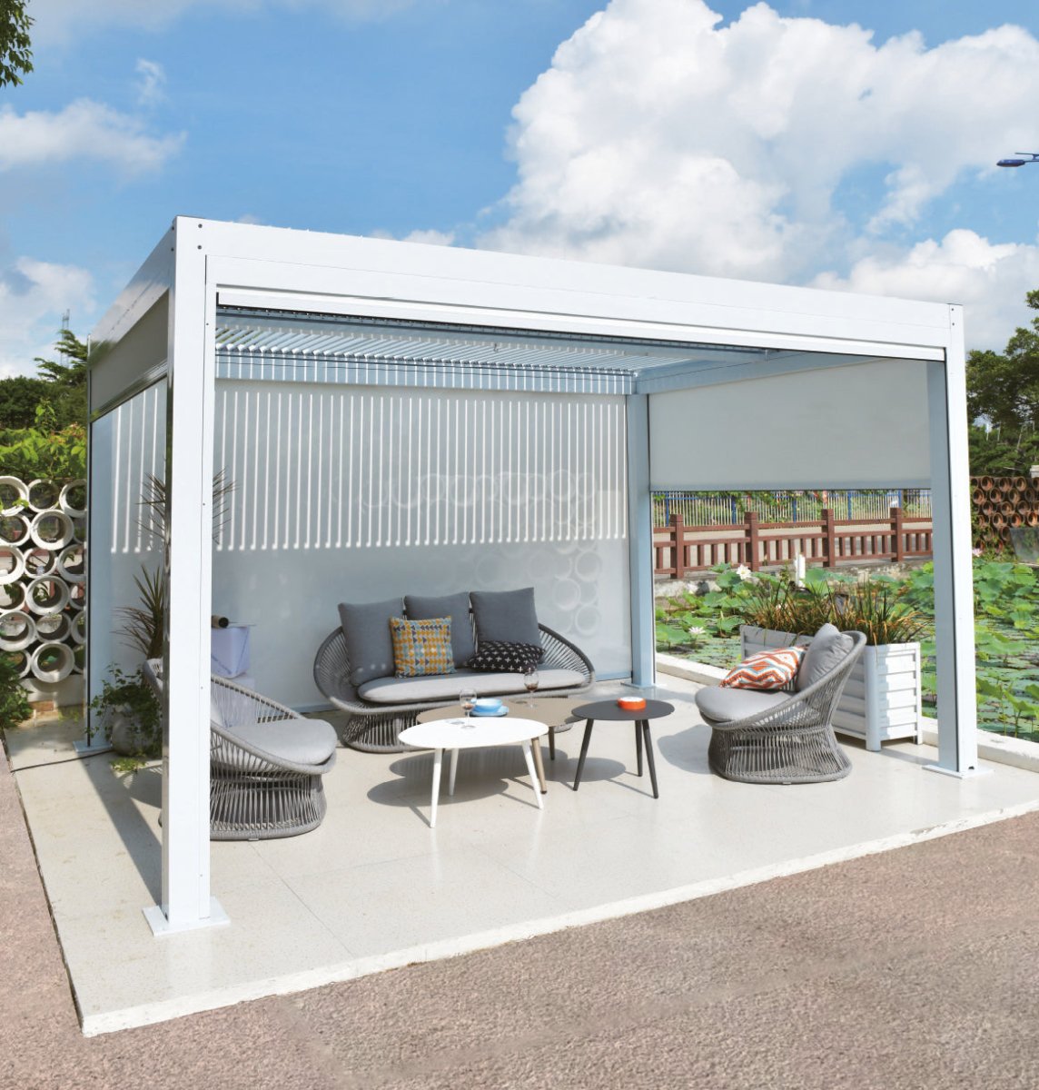 Tenda laterale bianca per pergola bioclimatica Gaia Xone - Perrone Shop