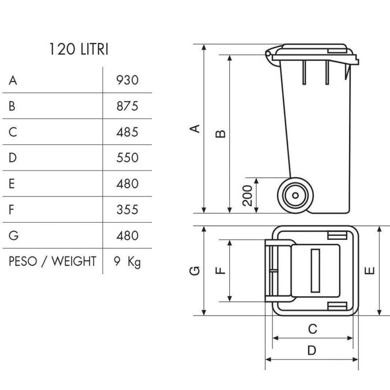 Bidone per raccolta differenziata 120 lt