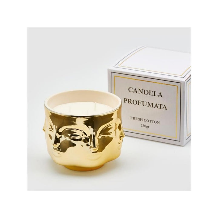 Candela in vaso oro con facce h9x11cm