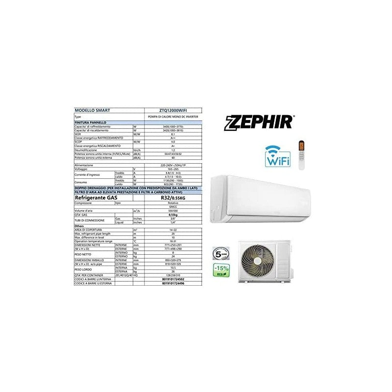 Condizionatore Inverter 9000 Btu Wifi Zephir
