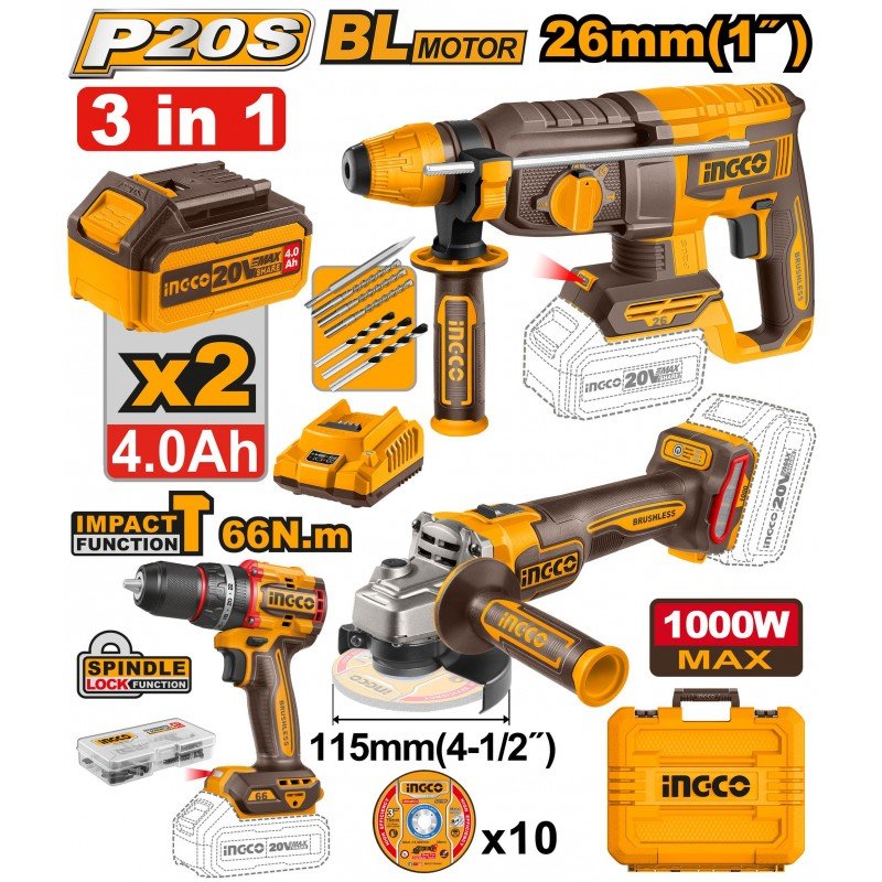 Set elettroutensili a batteria 20V Ingco 3 in 1 con trapano a percussione, smerigliatrice angolare e martello perforatore - Perrone Shop