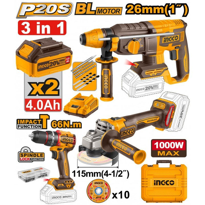 Set elettroutensili a batteria 20V Ingco 3 in 1 con trapano a percussione, smerigliatrice angolare e martello perforatore - Perrone Shop