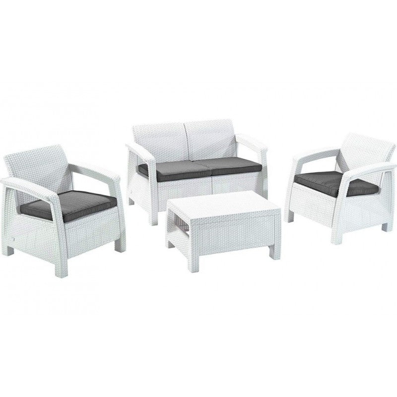 Corfu set in resina bianco cuscino grigio 2 poltrone divano e tavolino