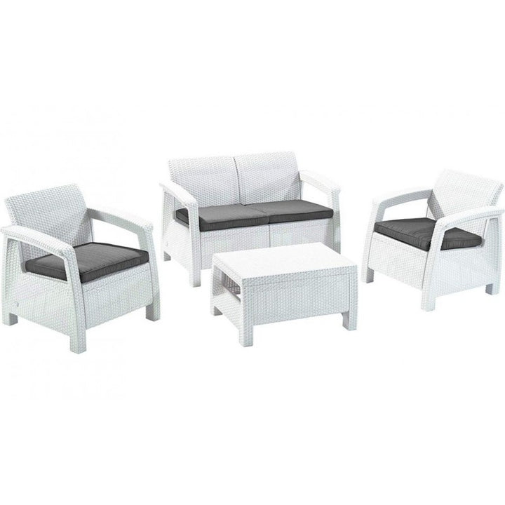 Corfu set in resina bianco cuscino grigio 2 poltrone divano e tavolino