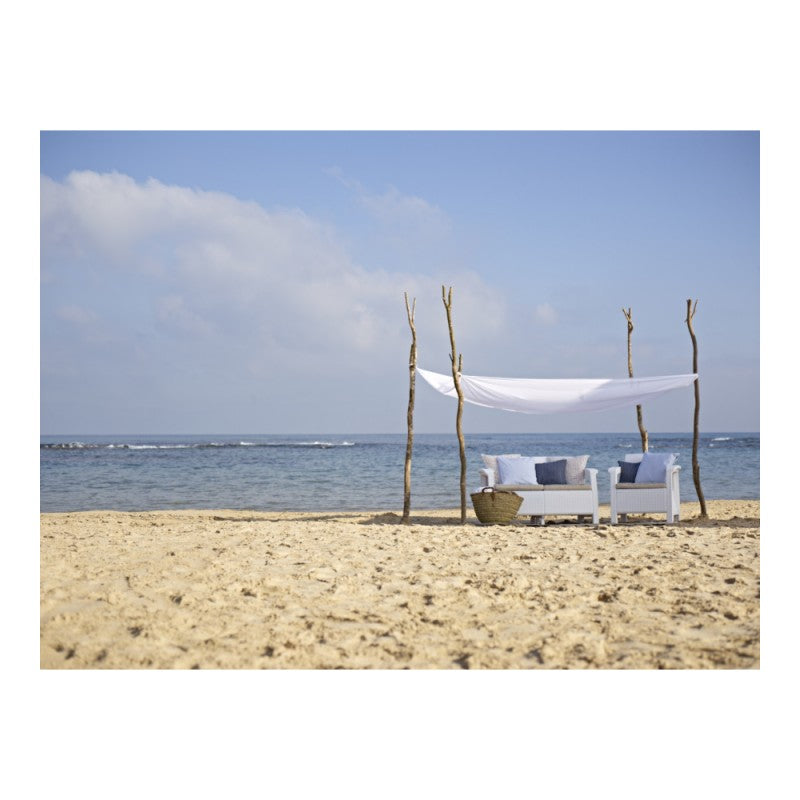 Corfu set in resina bianco cuscino grigio 2 poltrone divano e tavolino