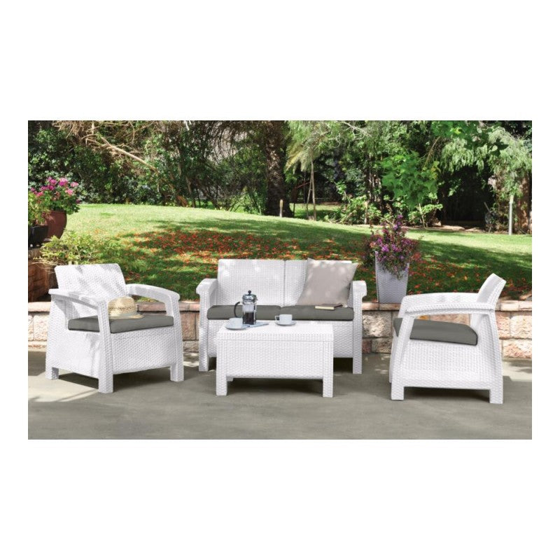 Corfu set in resina bianco cuscino grigio 2 poltrone divano e tavolino