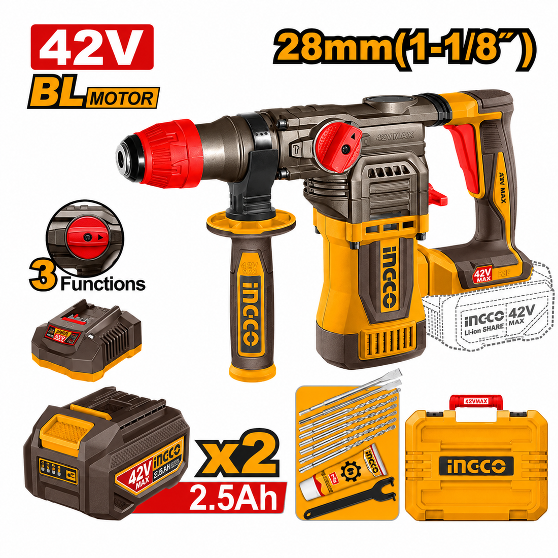 Martello demolitore 42v brushless a batteria 3 funzioni