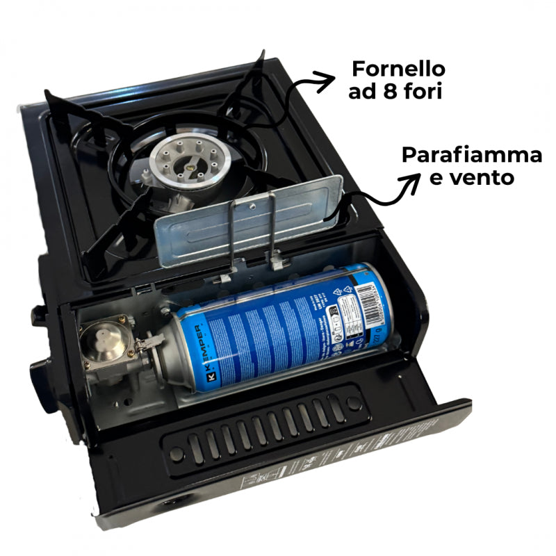 Fornello a gas da campeggio in valigetta