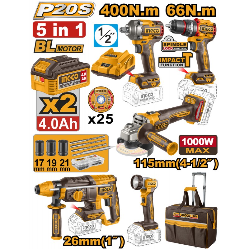 Kit Utensili a Batteria P20S 20V 5 in 1 Brushless con Trolley
