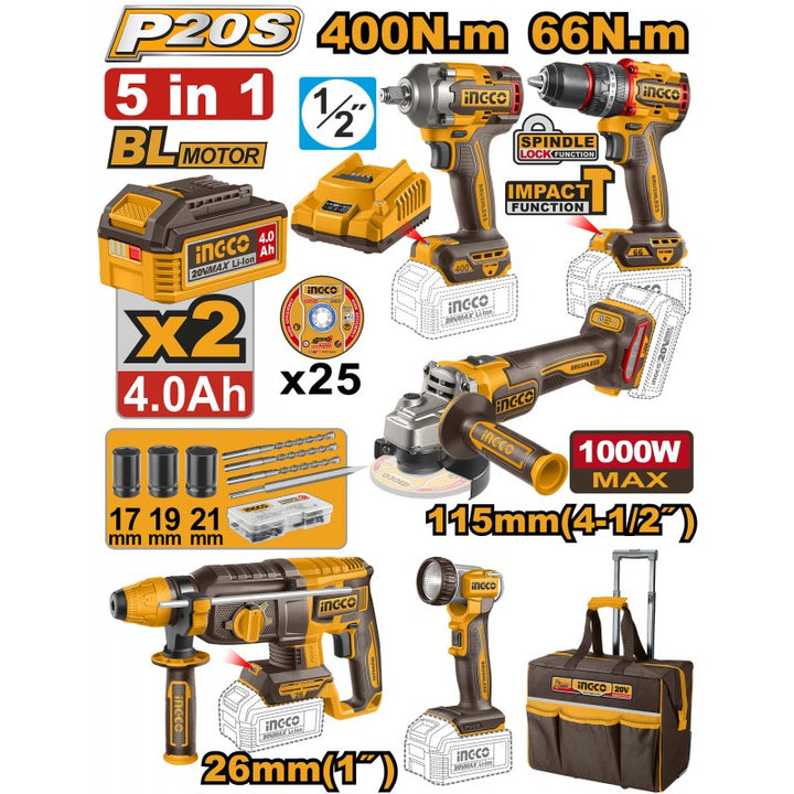 Kit Utensili a Batteria P20S 20V 5 in 1 Brushless con Trolley