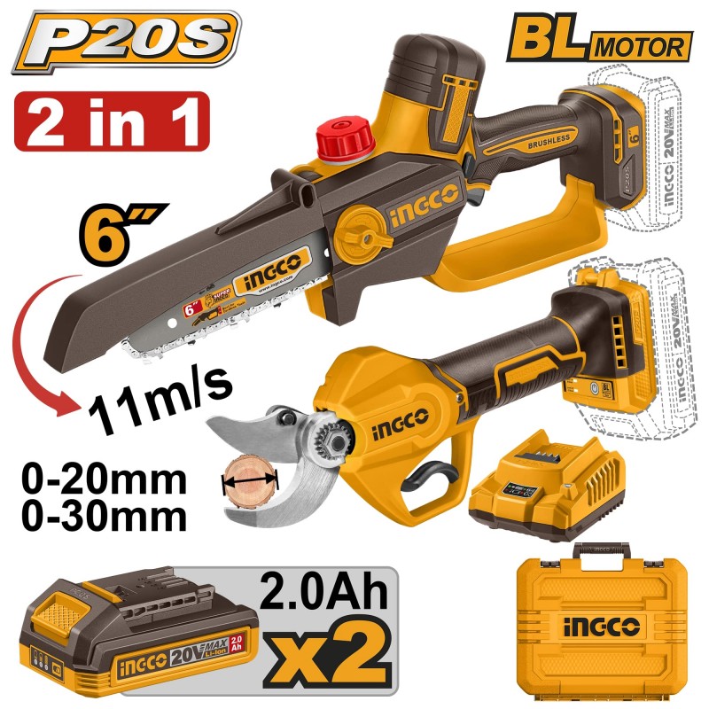 Kit Potatura 20V Brushless 2-in-1 – Mini Elettrosega + Forbici da Pota