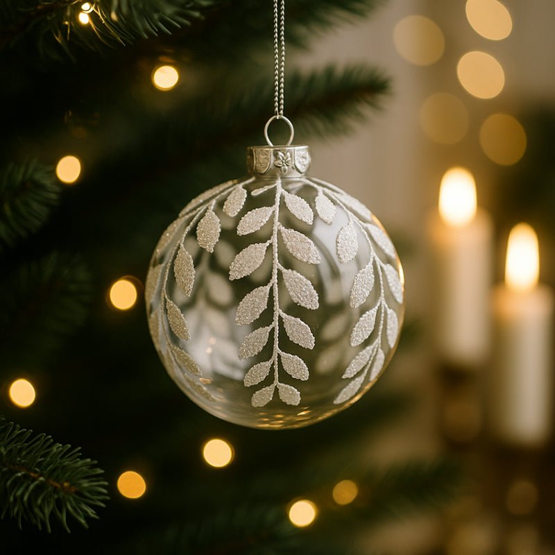 Palla in Vetro con Foglie Diametro 10 cm Bianco|EDG - Perrone Shop