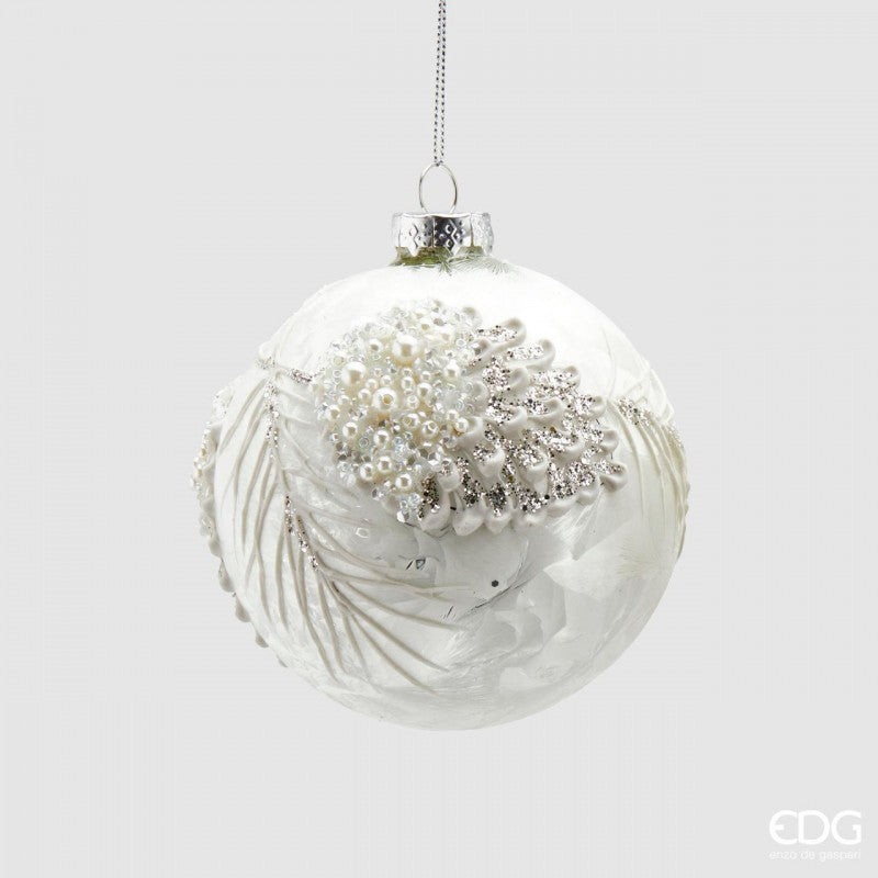 Palla in Vetro con Pigne Diametro 10 cm Bianco|EDG