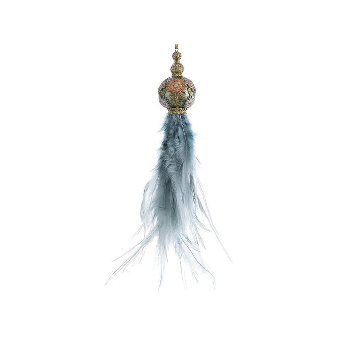 Pendente nappa con piume azzurro decorato a mano