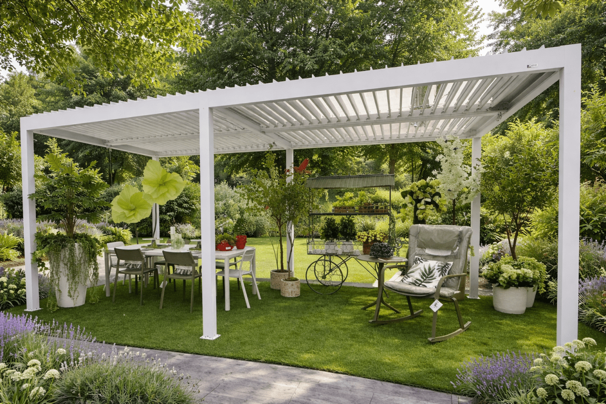 Pergola bioclimatica autoportante in alluminio bianco Gaia Xone - Perrone Shop