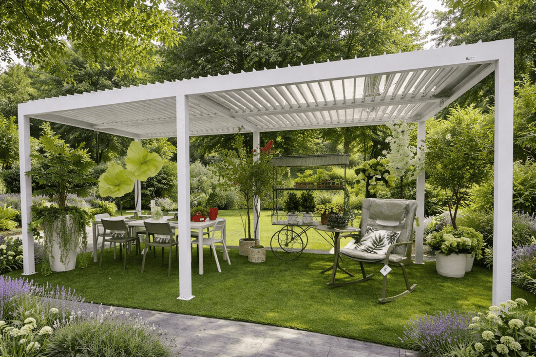 Pergola bioclimatica autoportante in alluminio bianco Gaia Xone - Perrone Shop
