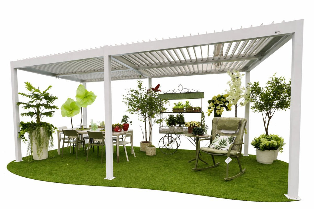 Pergola bioclimatica autoportante in alluminio bianco Gaia Xone - Perrone Shop