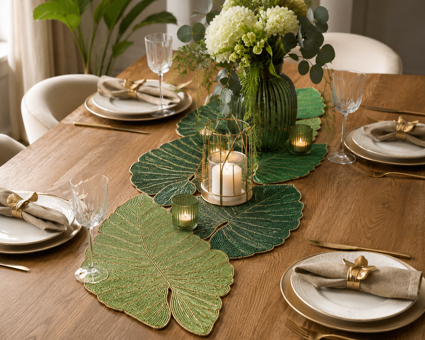Runner Decorativo Foglie con Perline Verdi | EDG