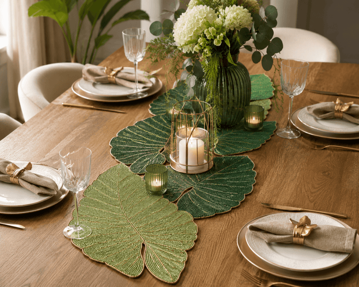 Runner Decorativo Foglie con Perline Verdi | EDG - Perrone Shop