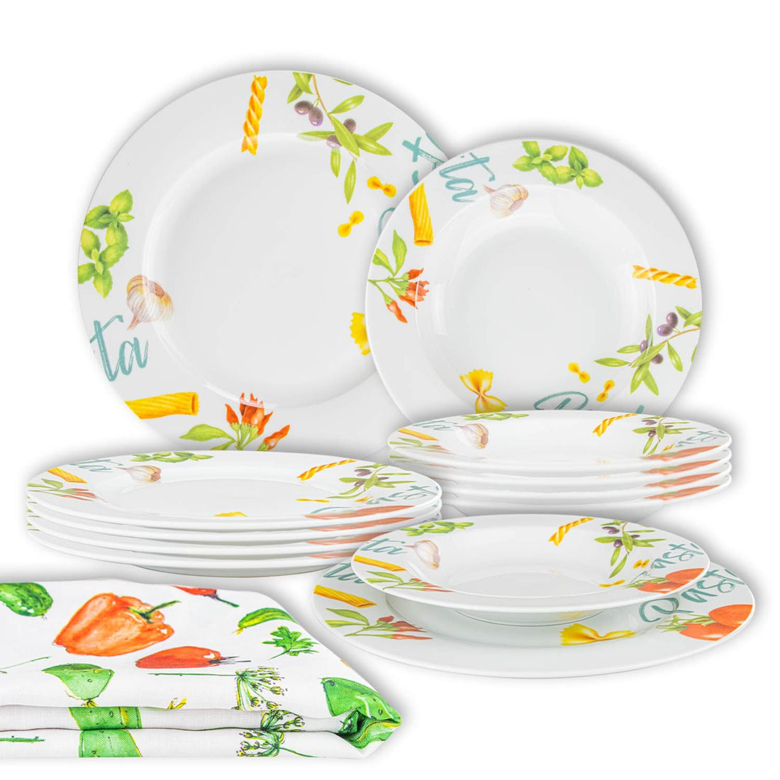 Set completo 12 Piatti + Tovaglia Linea Olimpia Pasta Multicolor