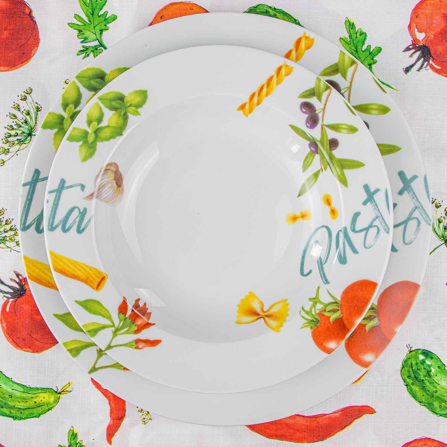 Set completo 12 Piatti + Tovaglia Linea Olimpia Pasta Multicolor