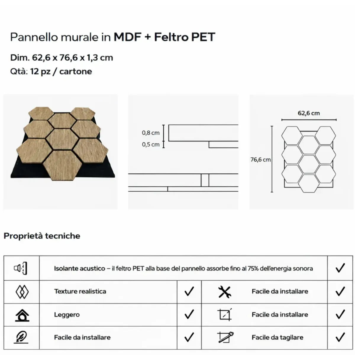 Pannello acustico esagonale 62,6X76,6X1,3 effetto rovere miele | OX Zeroper