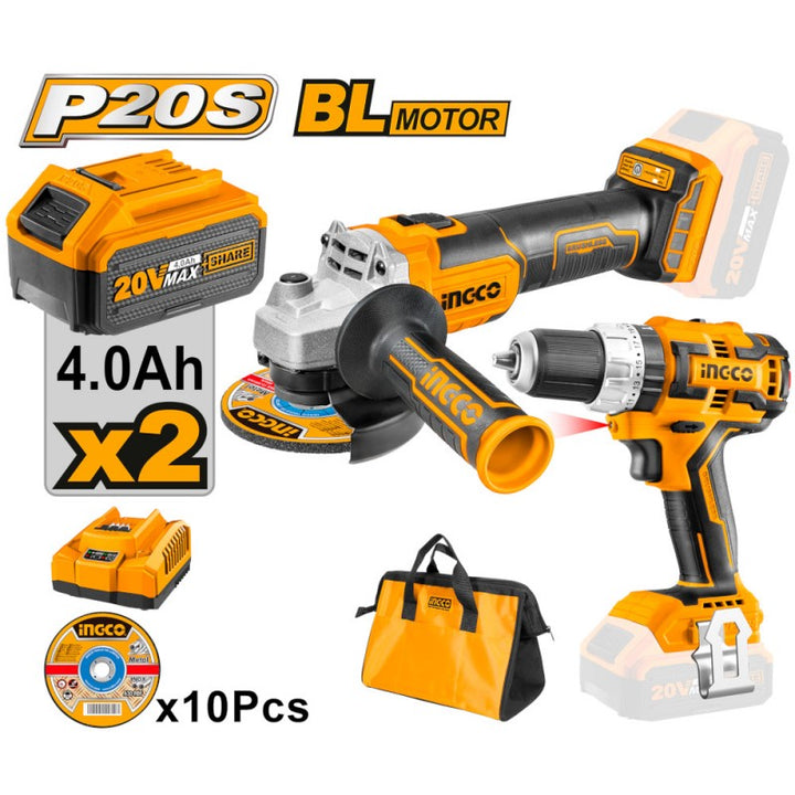 Set Trapano + Smerigliatrice 20v 2 Batt.+caric.+dischi+borsa