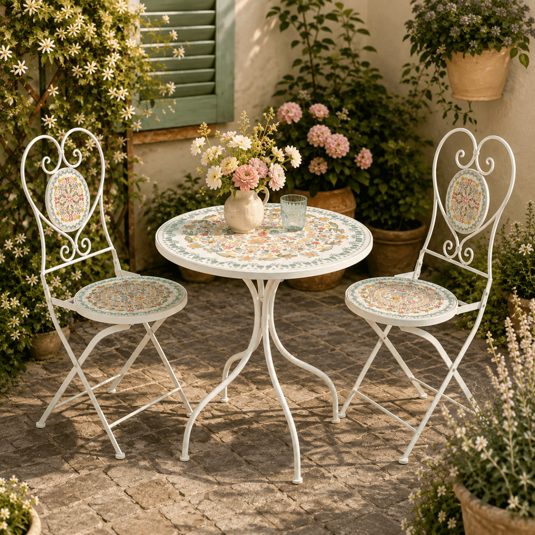 Set da giardino tavolo rotondo in ferro battuto Decomix con 2 sedie | EDG - Perrone Shop
