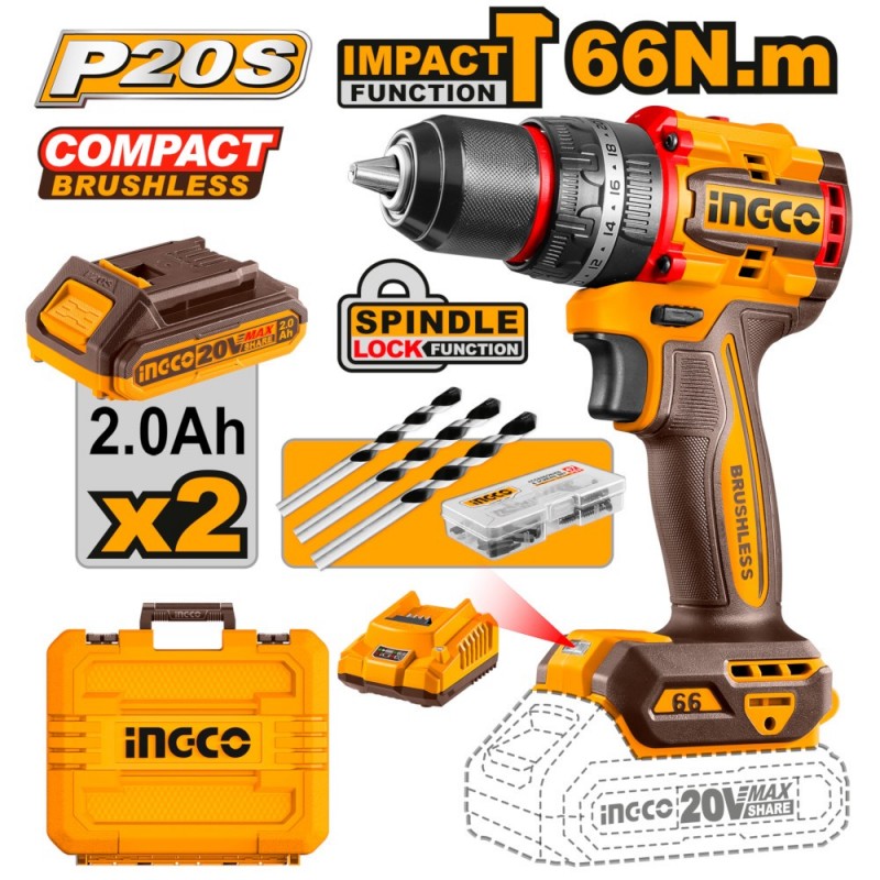 Trapano A Percussione Brushless 66n.m Con Batterie 2ah