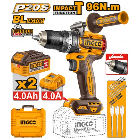 Trapano a percussione brushless 96N.m con 2 batterie e caricabatterie in valigetta