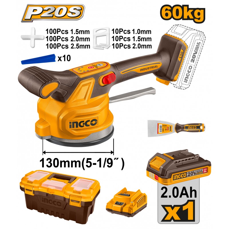 Ventosa Vibrante a Batteria 130 mm 60 kg con Batteria, Caricabatterie e Accessori – P20S 20V